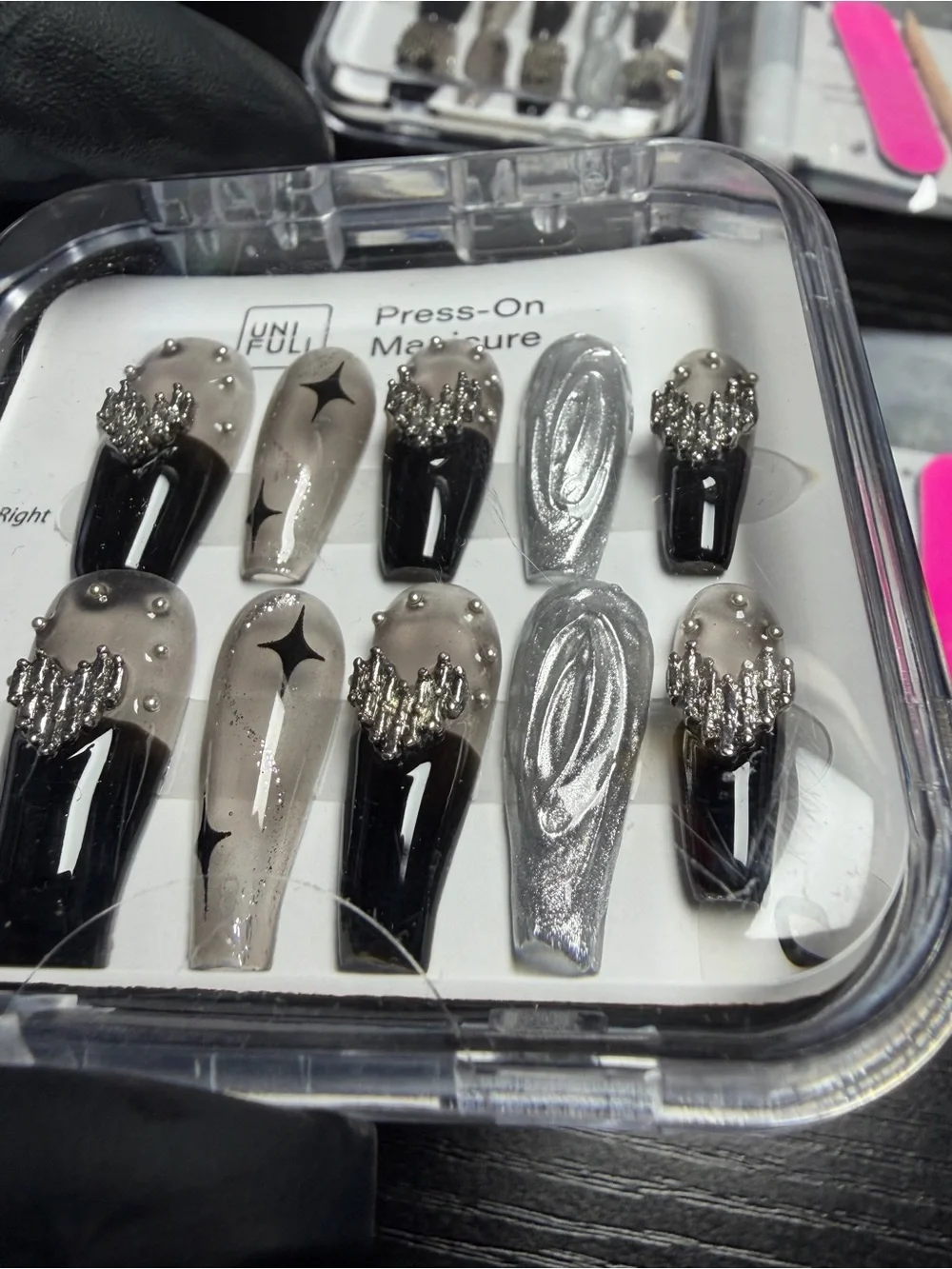 Press-On Manicure Nail Kit with Black and Silver Decorative Nails